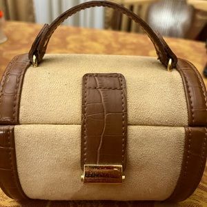 Jewelry box faux brown leather and crème suede
